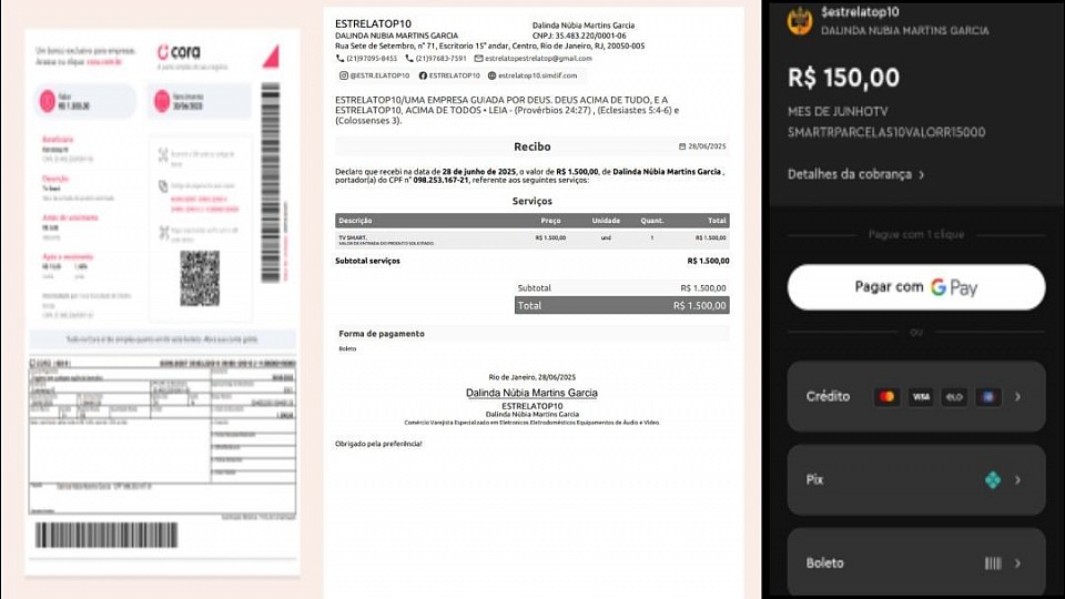 Boleto parcelado mediante pagamento do valor de entrada do produto solicitado.